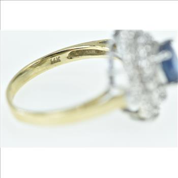 14K Oval Sapphire Diamond Halo Cocktail Yellow Gold Ring, Size 7.25