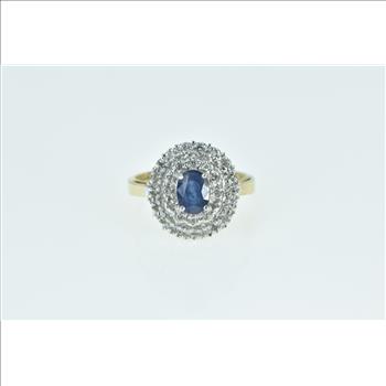 14K Oval Sapphire Diamond Halo Cocktail Yellow Gold Ring, Size 7.25