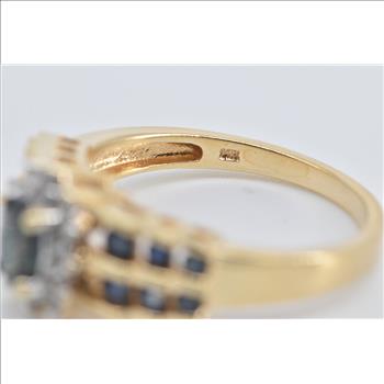 14K Oval Sapphire Diamond Halo Engagement Yellow Gold Ring, Size 7