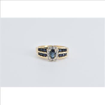 14K Oval Sapphire Diamond Halo Engagement Yellow Gold Ring, Size 7