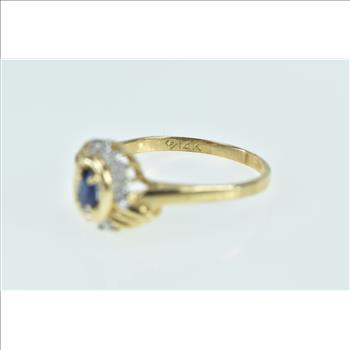 14K Oval Sapphire Diamond Halo Vintage Bypass Yellow Gold Ring, Size 8