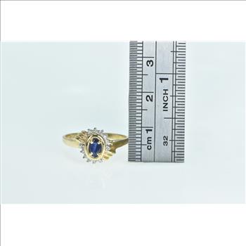 14K Oval Sapphire Diamond Halo Vintage Bypass Yellow Gold Ring, Size 8