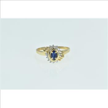 14K Oval Sapphire Diamond Halo Vintage Bypass Yellow Gold Ring, Size 8