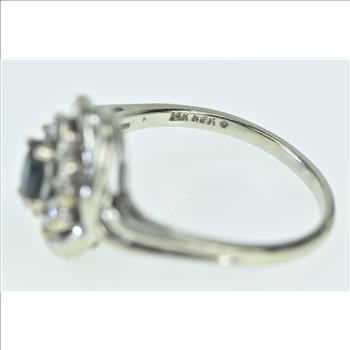 14K Oval Sapphire Diamond Halo Vintage White Gold Ring, Size 8.5