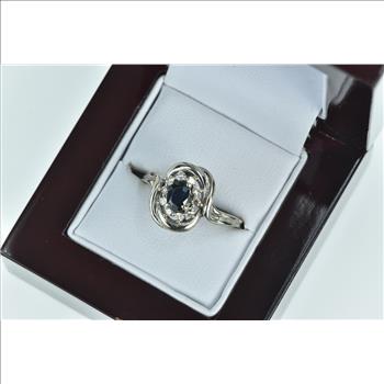 14K Oval Sapphire Diamond Halo Vintage White Gold Ring, Size 8.5