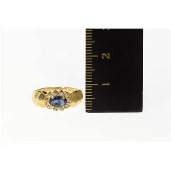 14K Oval Sapphire Diamond Scalloped Halo Yellow Gold Ring, Size 4.5