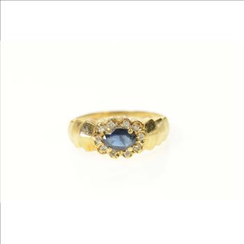 14K Oval Sapphire Diamond Scalloped Halo Yellow Gold Ring, Size 4.5
