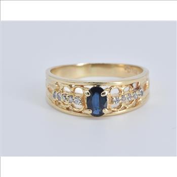 14K Oval Sapphire Dimaond Accent Vintage Yellow Gold Ring, Size 8