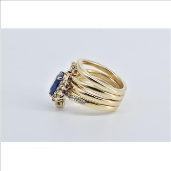 14K Oval Sim. Sapphire 0.85 Ctw Diamond Layered Yellow Gold Ring, Size 6.25