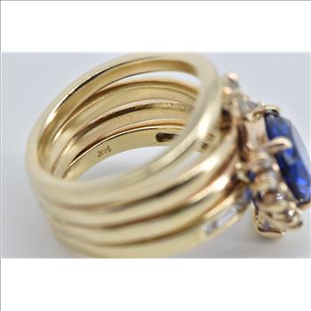 14K Oval Sim. Sapphire 0.85 Ctw Diamond Layered Yellow Gold Ring, Size 6.25