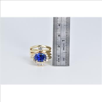 14K Oval Sim. Sapphire 0.85 Ctw Diamond Layered Yellow Gold Ring, Size 6.25