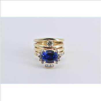 14K Oval Sim. Sapphire 0.85 Ctw Diamond Layered Yellow Gold Ring, Size 6.25