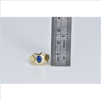14K Oval Sim. Sapphire CZ X Criss Cross Fashion Yellow Gold Ring, Size 4