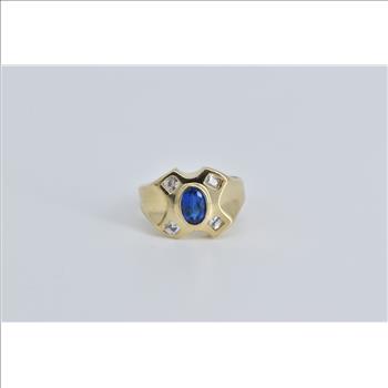 14K Oval Sim. Sapphire CZ X Criss Cross Fashion Yellow Gold Ring, Size 4