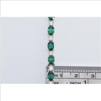 14K Oval Syn. Emerald Diamond Vintage Tennis White Gold Bracelet 6.5