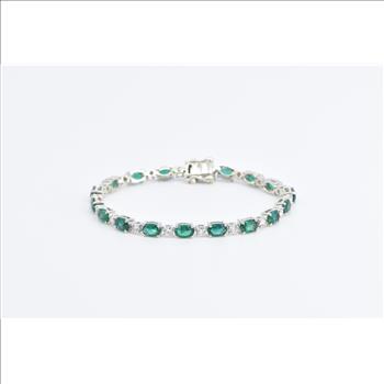 14K Oval Syn. Emerald Diamond Vintage Tennis White Gold Bracelet 6.5