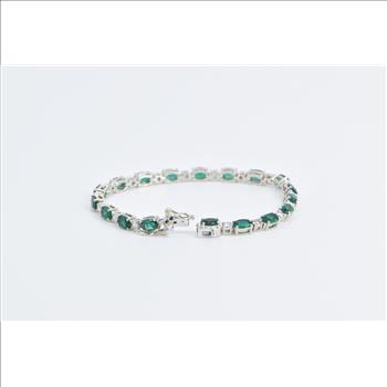 14K Oval Syn. Emerald Diamond Vintage Tennis White Gold Bracelet 6.5