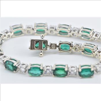 14K Oval Syn. Emerald Diamond Vintage Tennis White Gold Bracelet 6.5