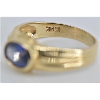 14K Oval Syn. Sapphire Halo Vintage Statement Yellow Gold Ring, Size 7.5