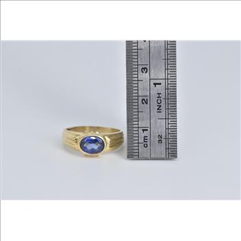 14K Oval Syn. Sapphire Halo Vintage Statement Yellow Gold Ring, Size 7.5