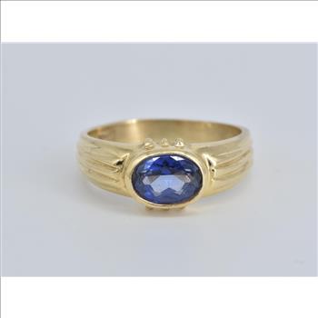 14K Oval Syn. Sapphire Halo Vintage Statement Yellow Gold Ring, Size 7.5
