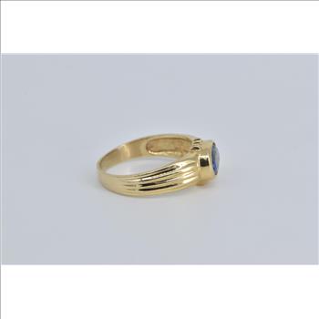 14K Oval Syn. Sapphire Halo Vintage Statement Yellow Gold Ring, Size 7.5