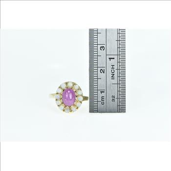 14K Oval Syn. Star Ruby Opal Halo Statement Yellow Gold Ring, Size 5