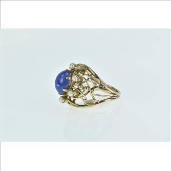 14K Oval Syn. Star Sapphire Pearl Leaf Vine Cocktail Yellow Gold Ring, Size 7