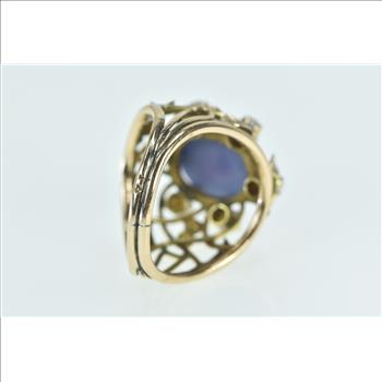 14K Oval Syn. Star Sapphire Pearl Leaf Vine Cocktail Yellow Gold Ring, Size 7