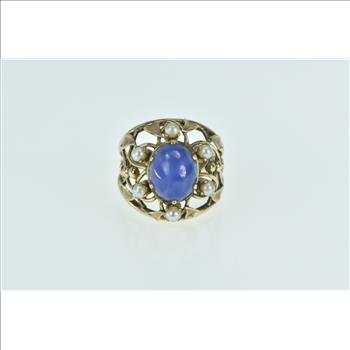 14K Oval Syn. Star Sapphire Pearl Leaf Vine Cocktail Yellow Gold Ring, Size 7