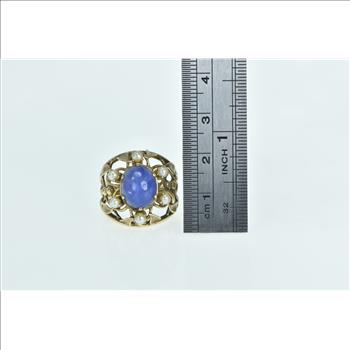 14K Oval Syn. Star Sapphire Pearl Leaf Vine Cocktail Yellow Gold Ring, Size 7