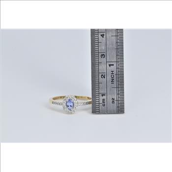 14K Oval Tanzanite Diamond Halo Engagement Yellow Gold Ring, Size 10.25