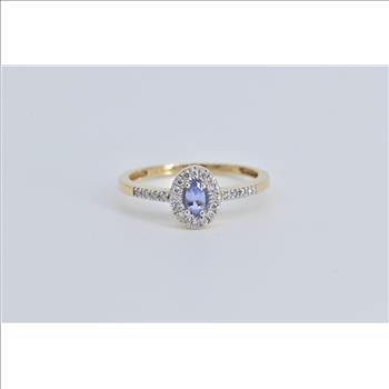 14K Oval Tanzanite Diamond Halo Engagement Yellow Gold Ring, Size 10.25