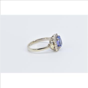14K Oval Tanzanite Diamond Halo Princess Accent White Gold Ring, Size 6