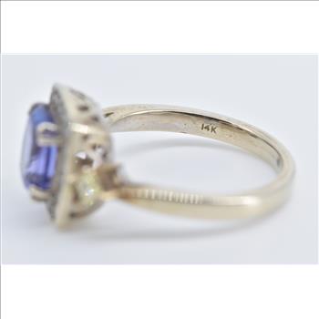 14K Oval Tanzanite Diamond Halo Princess Accent White Gold Ring, Size 6
