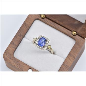14K Oval Tanzanite Diamond Halo Princess Accent White Gold Ring, Size 6