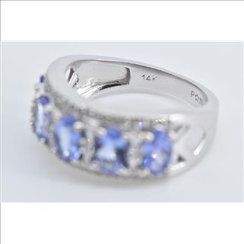 14K Oval Tanzanite Natural Diamond Statement Band White Gold Ring, Size 7