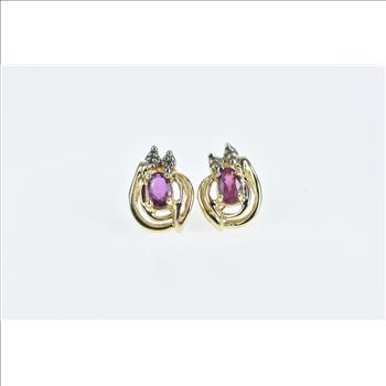 14K Oval Tourmaline Diamond Cluster Stud Yellow Gold Earrings