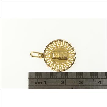 14K Parthenon Owl Greek Wave Pattern Round Yellow Gold Charm/Pendant