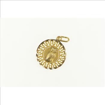14K Parthenon Owl Greek Wave Pattern Round Yellow Gold Charm/Pendant