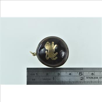 14K Passant Lion Vintage Ornate Wooden Ball Sphere Yellow Gold Pendant