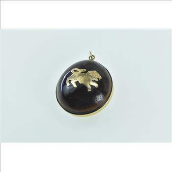 14K Passant Lion Vintage Ornate Wooden Ball Sphere Yellow Gold Pendant