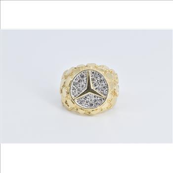 14K Pave Diamond Encrusted Mercedes Benz Symbol Yellow Gold Ring, Size 6.5