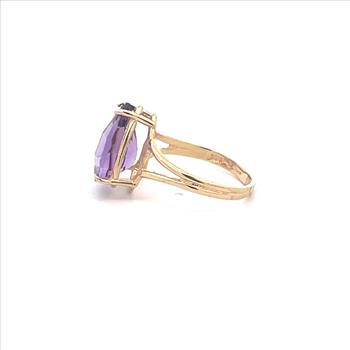 14K Pear Amethyst Vintage Solitaire Statement Yellow Gold Ring, Size 8.5
