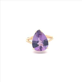 14K Pear Amethyst Vintage Solitaire Statement Yellow Gold Ring, Size 8.5