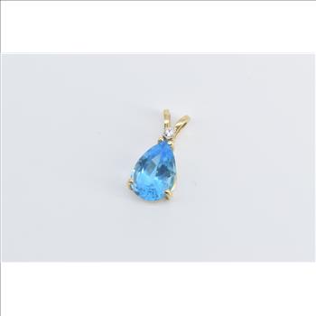 14K Pear Blue Topaz Diamond Accent Statement Yellow Gold Pendant