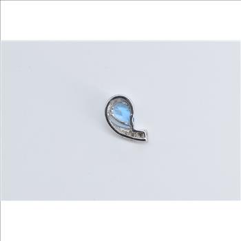 14K Pear Blue Topaz Diamond Curved Statement White Gold Pendant