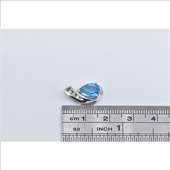 14K Pear Blue Topaz Diamond Curved Statement White Gold Pendant
