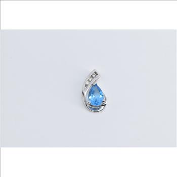 14K Pear Blue Topaz Diamond Curved Statement White Gold Pendant