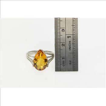 14K Pear Cut Citrine Solitaire Vintage Cocktail White Gold Ring, Size 7
